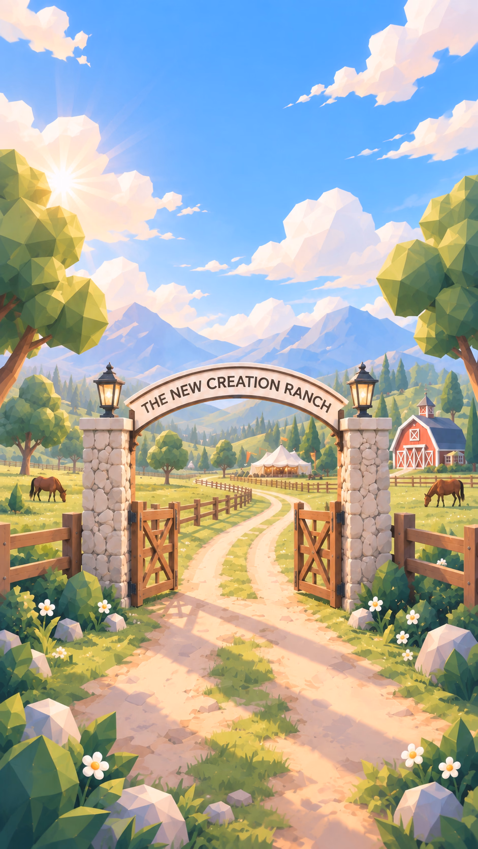 The New Creation Ranch gate opening onto fields, a barn, and mountains